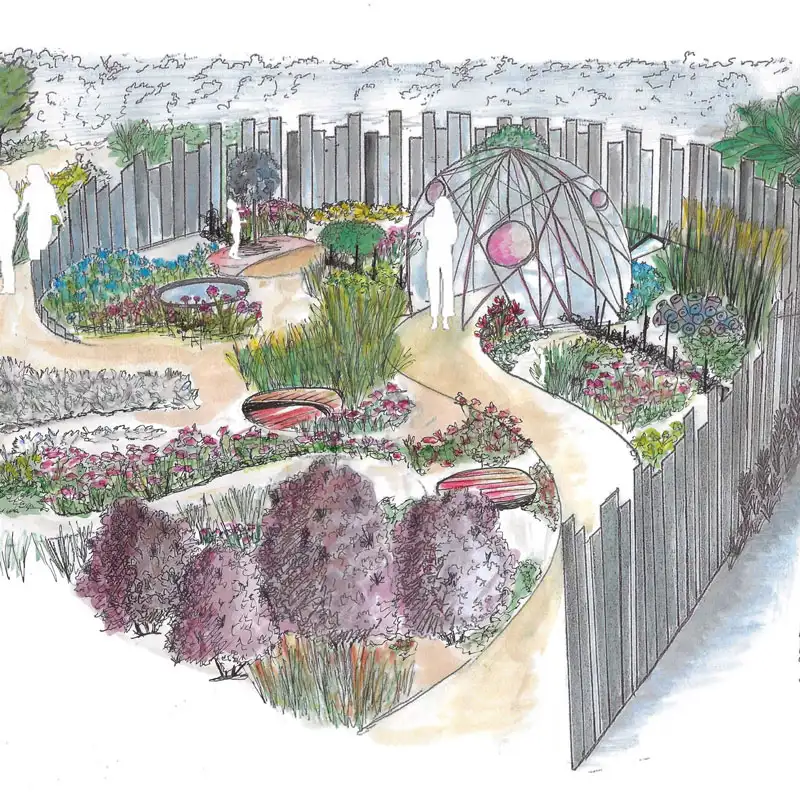 Watercolor perspective of the garden, its dome and its flowering beds