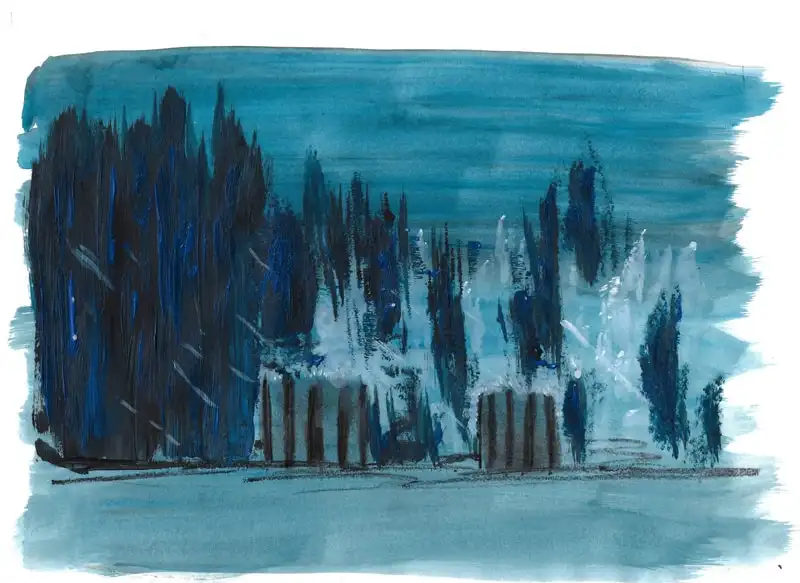 Blue painting of dark trees and benches, between light and shadow