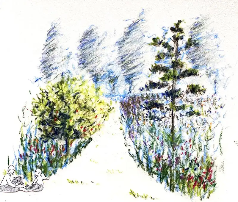 Colored pencil drawing: two people sitting between planted beds and a conifer