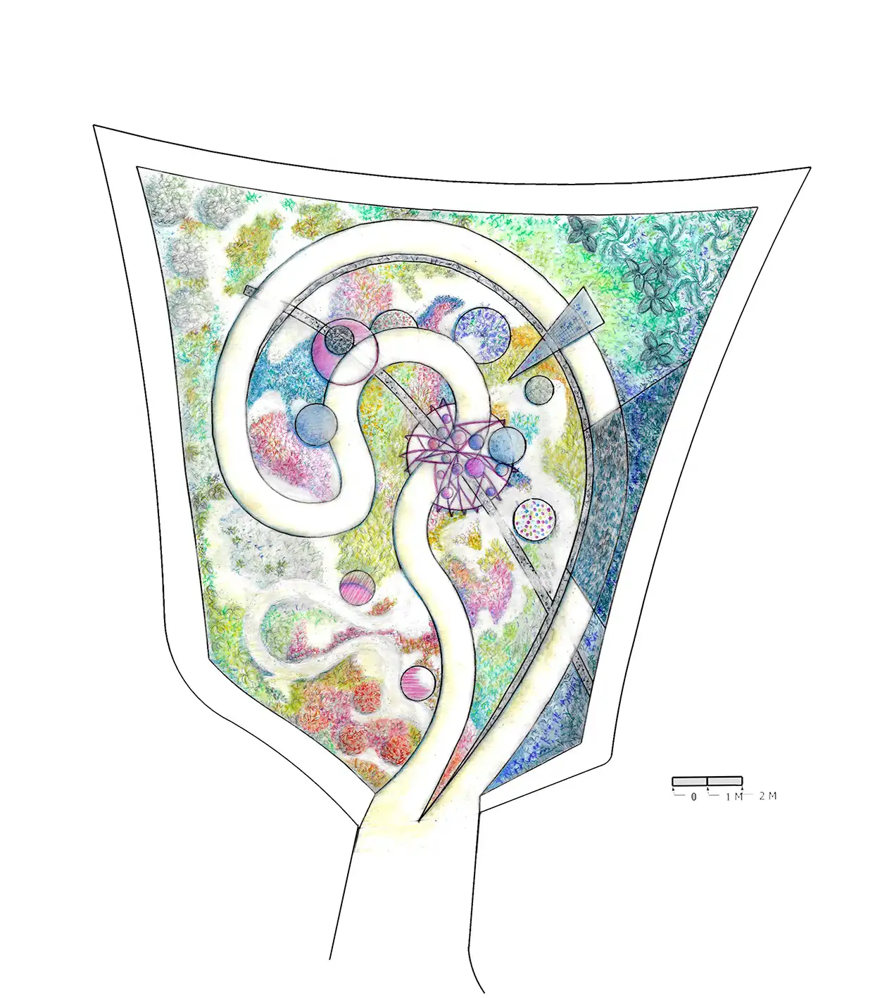 Colored plan of the garden and its spiral path
