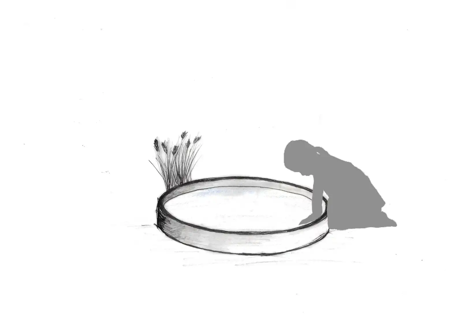 Sketch: a child leaning over a round pool