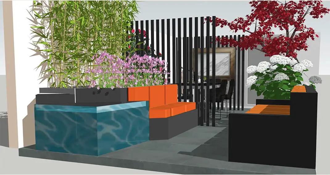 3D view of the patio: orange benches, a pond and bamboo