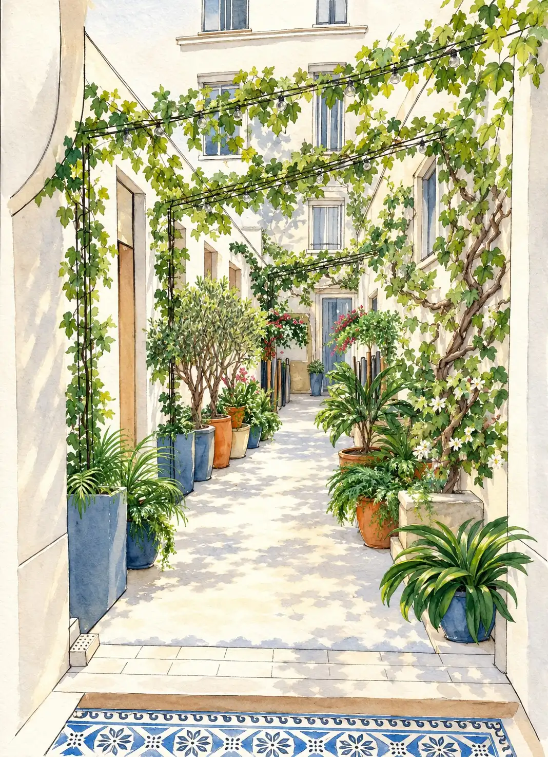 FLAURE watercolour: a green building courtyard, with pots, shrubs and a vine trellis between the façades