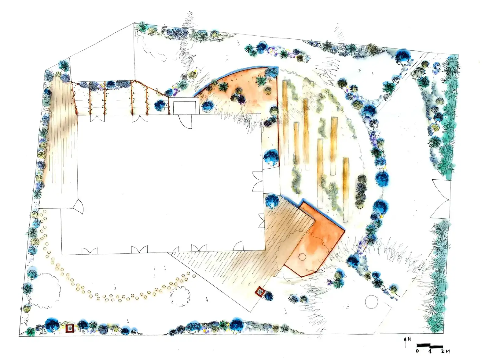 Watercolor plan of the garden around the house