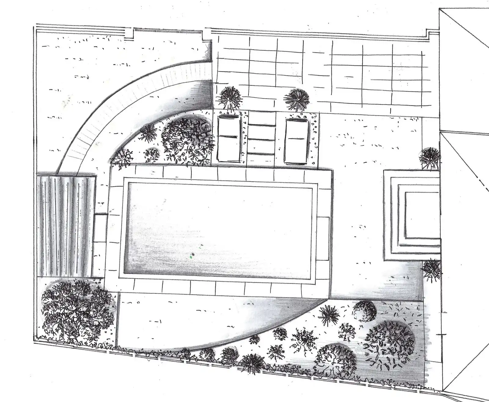 Hand-drawn plan of the garden around the pool