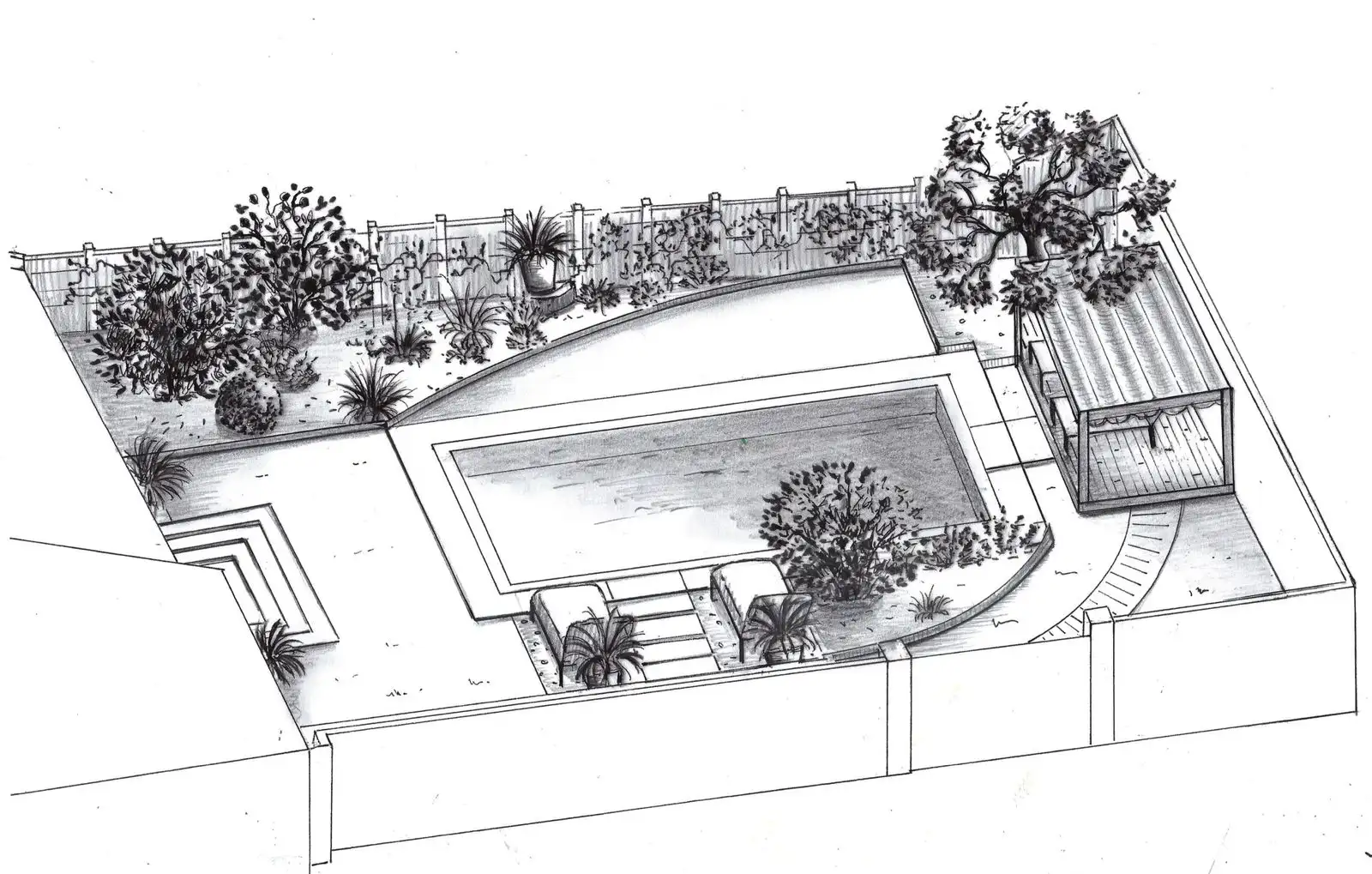Perspective sketch of the garden, the pool and the pergola