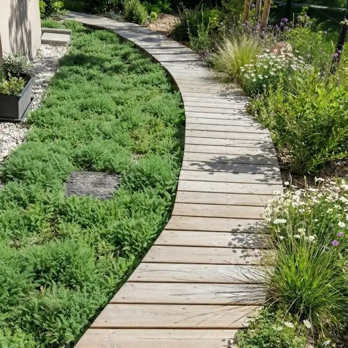 Curved wooden boardwalk crossing a carpet of low plants