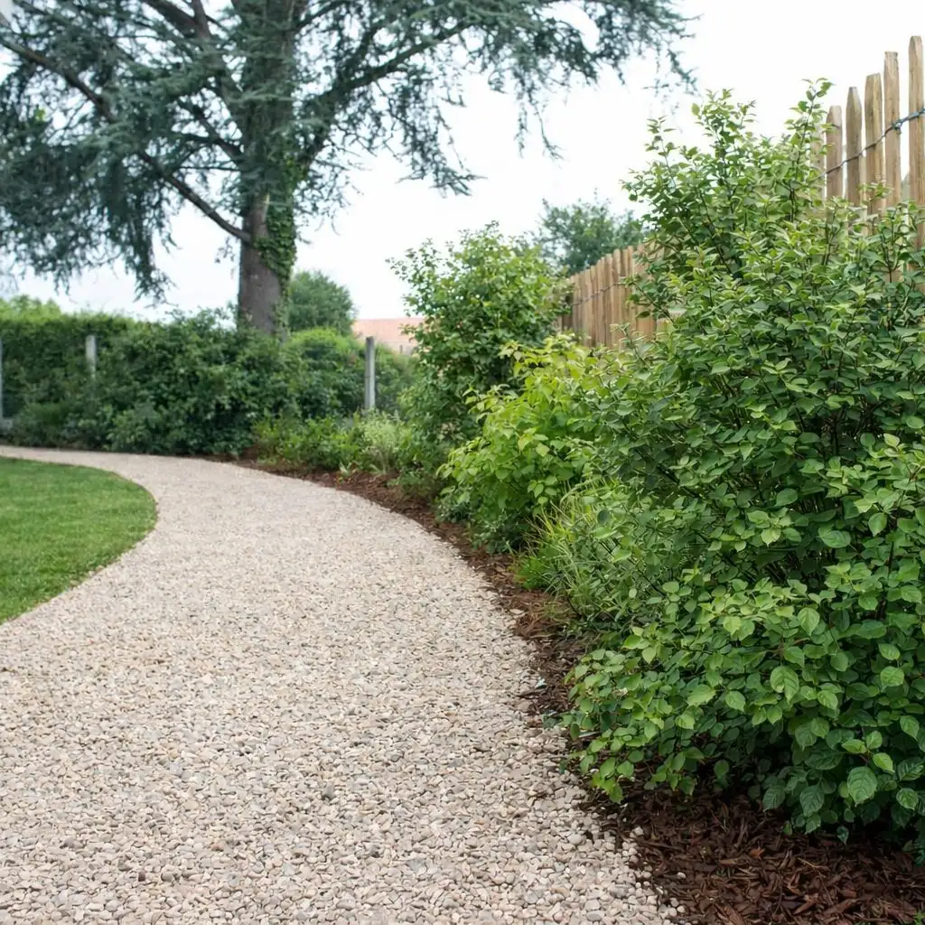 Winding gravel path lined with shrubs and a wooden fence