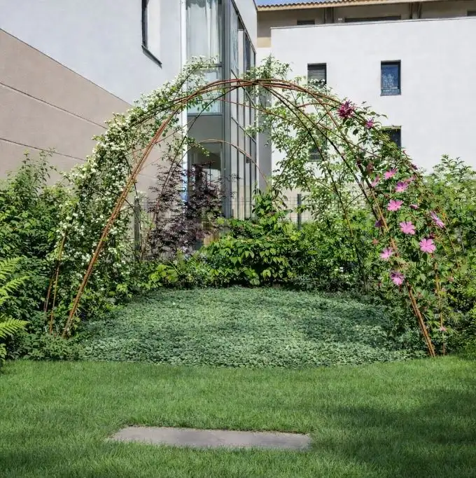 Dome of climbing plants on metal arches, at the end of the garden