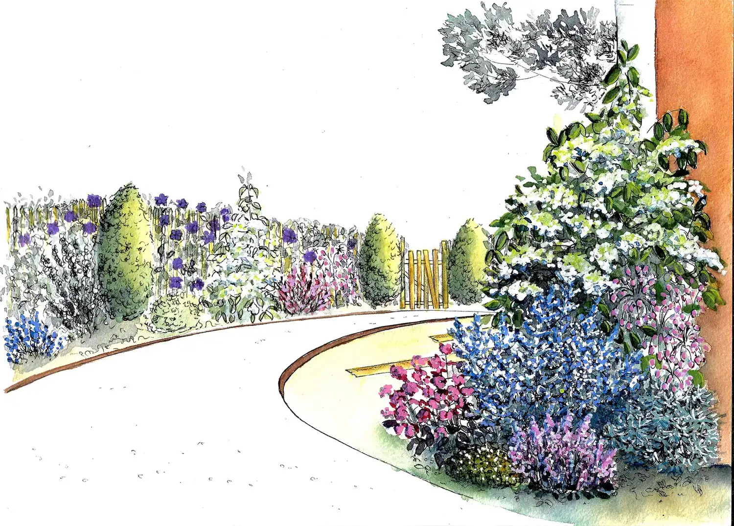 Aquarelle d’un jardin fleuri dessiné par FLAURE