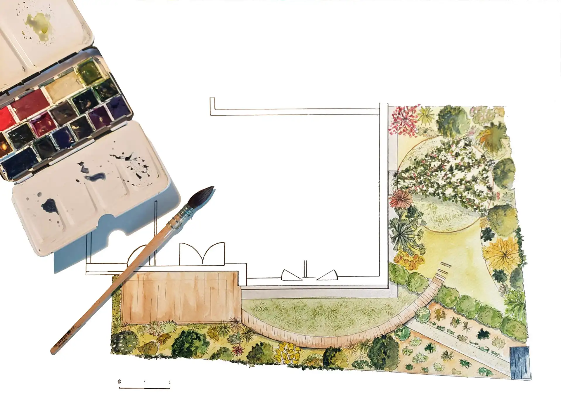 Plan masse aquarellé, boîte de peinture et pinceau