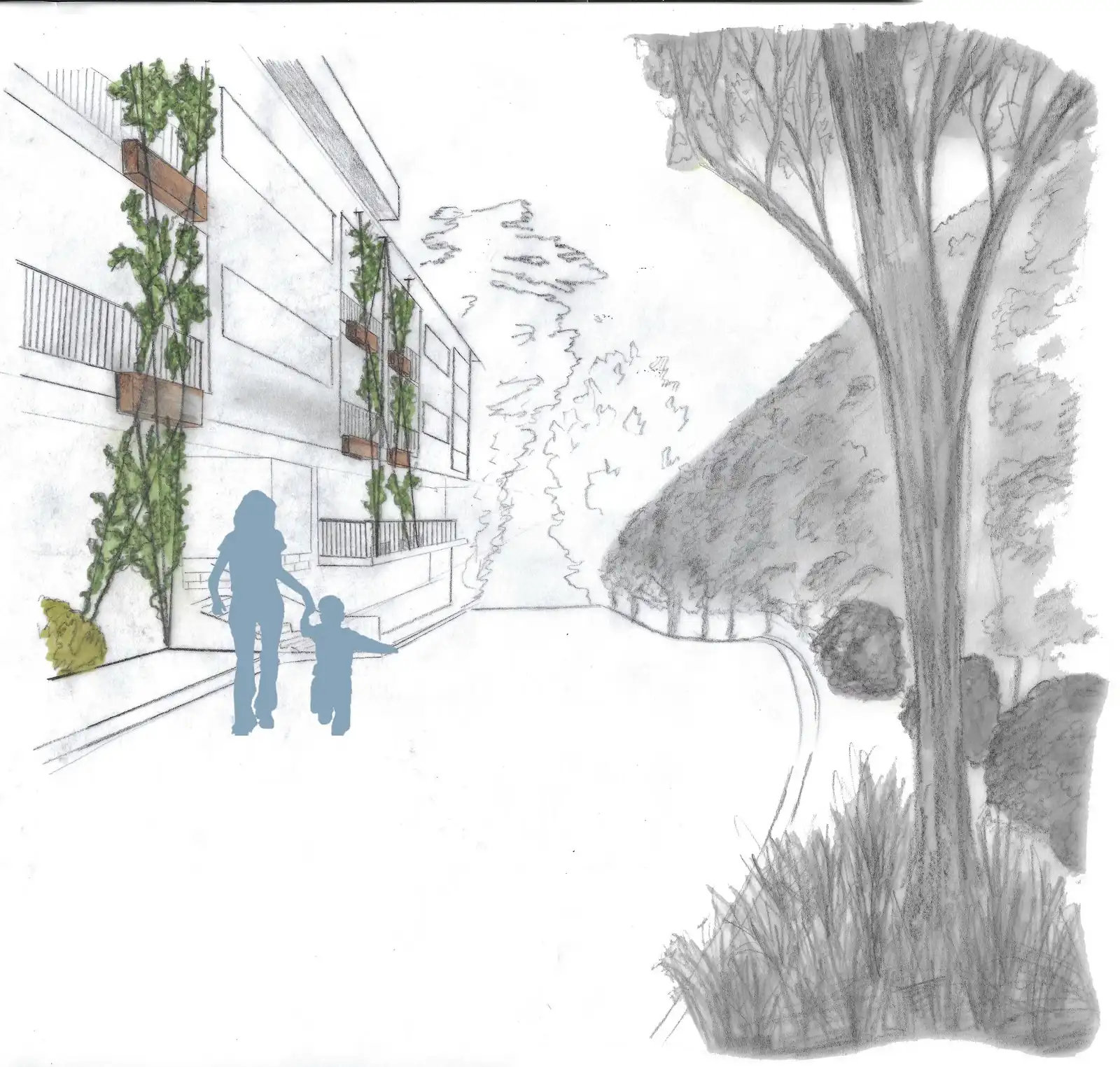 Sketch of a path at the foot of a planted building, with walkers and a large tree