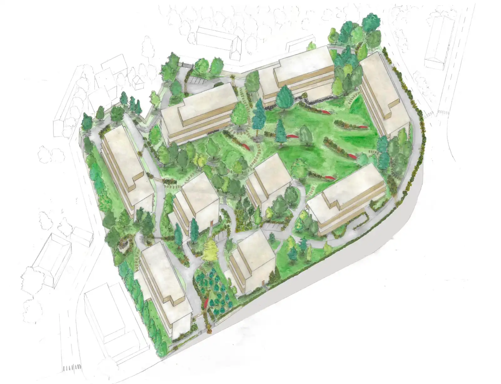 Watercolor view of the residence’s park and buildings