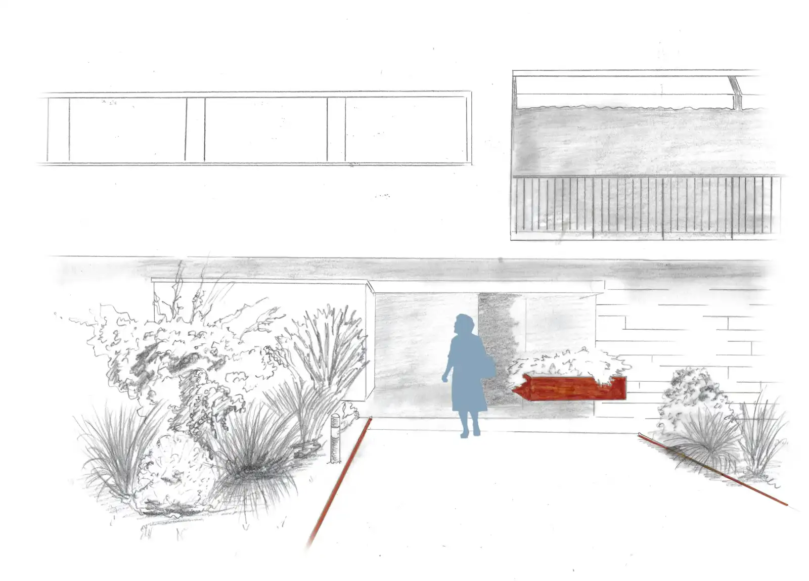 Sketch of a building entrance surrounded by planted beds