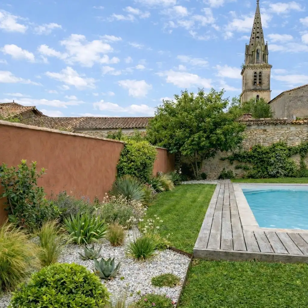 Garden with a pool and a wooden deck in front of an ochre wall, with a church spire behind