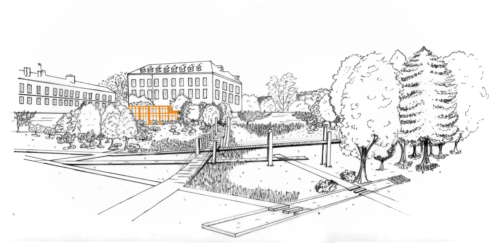 Perspective sketch of the park and its wooden walkways
