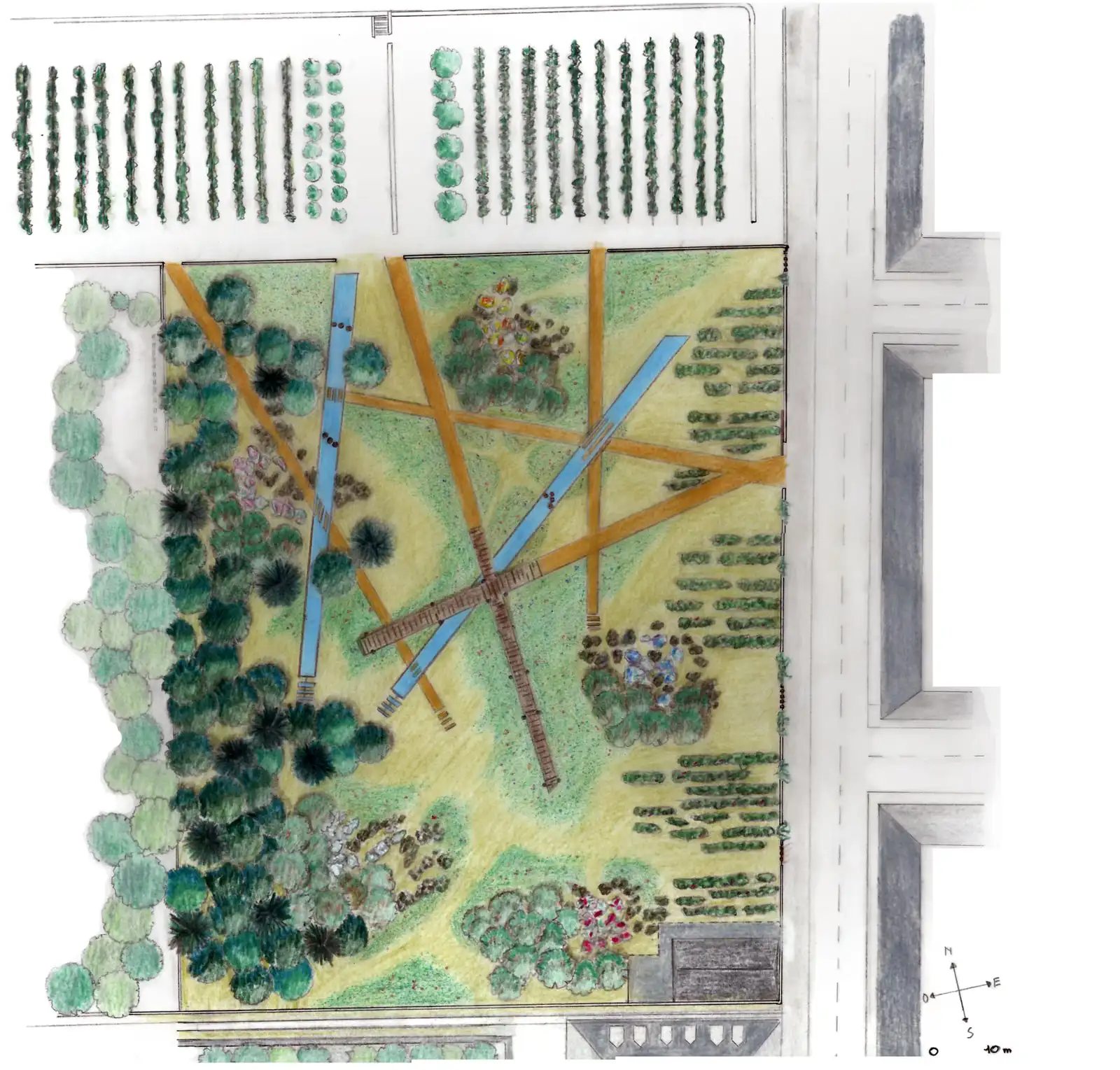 Watercolor plan of the park crossed by walkways, next to the King’s Kitchen Garden