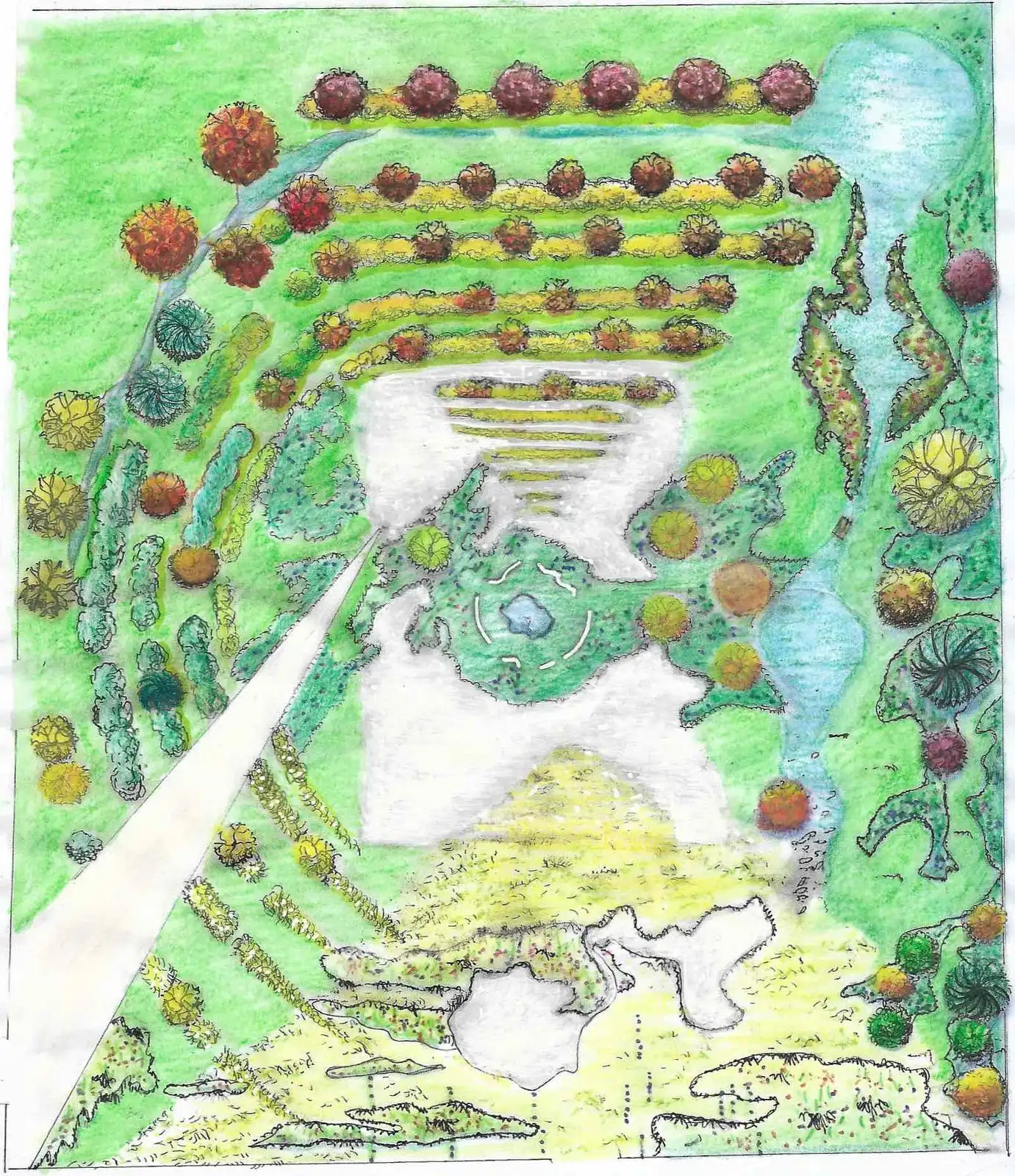 Watercolor plan of the garden: rows of trees, meadow and water features