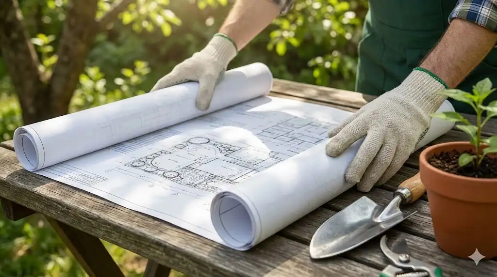 Plans de conception paysagère déroulés sur une table de jardin