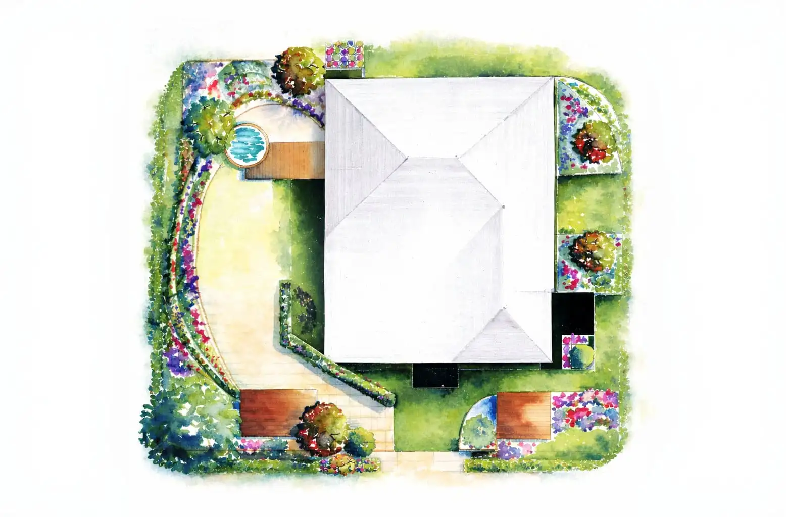 Esquisse aquarellée d’un jardin autour d’une maison, vue du ciel