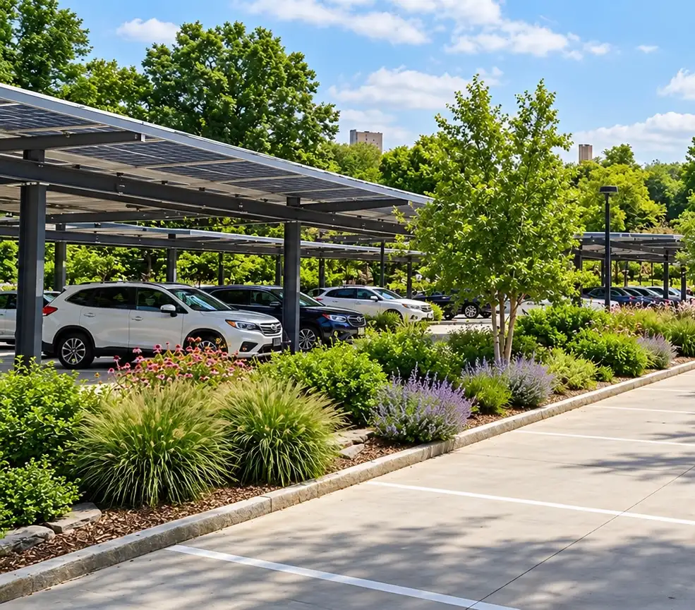 Parking végétalisé : ombrières, arbres et massifs de graminées et de vivaces le long des places