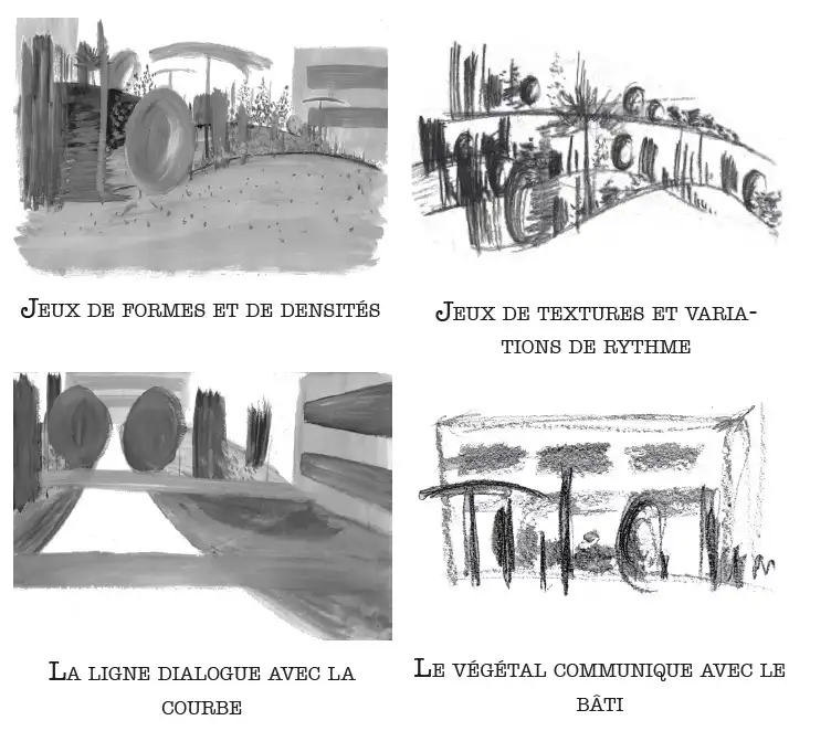 Concept sketches: shapes, textures, line and curve, plants and buildings