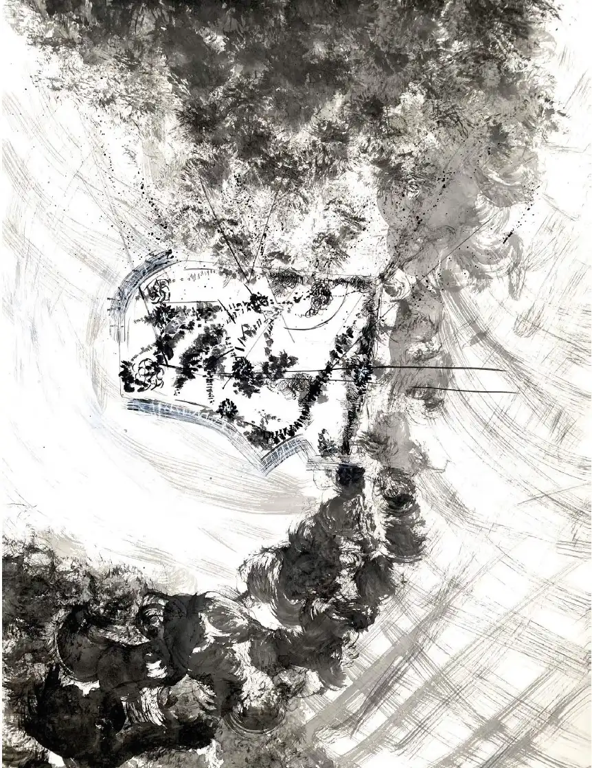 Ink wash of the site seen from above, surrounded by the forest