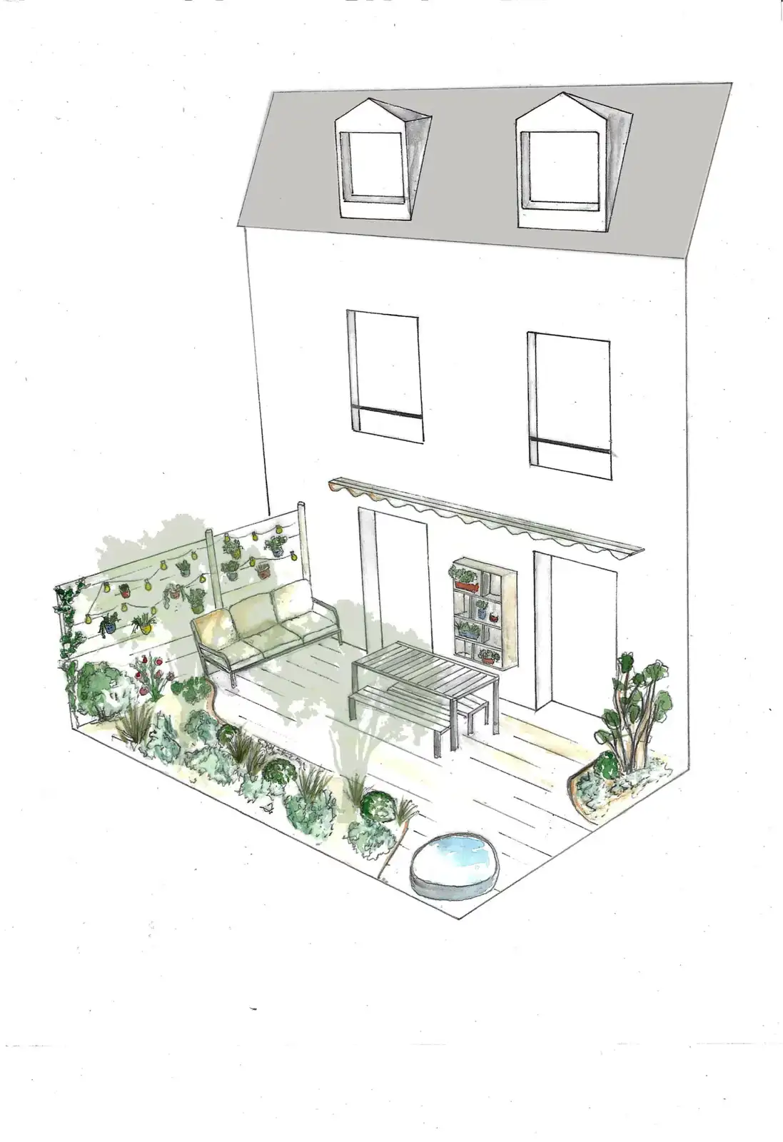 Perspective drawing of the townhouse and its landscaped terrace