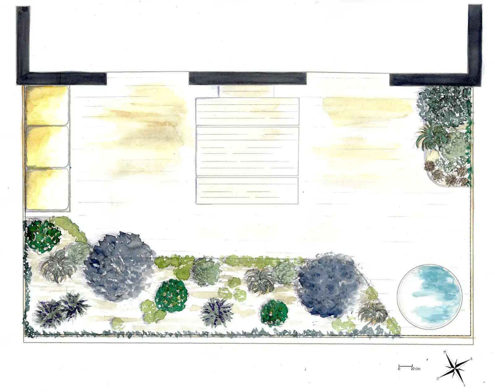 Watercolor plan of the terrace and its planted beds