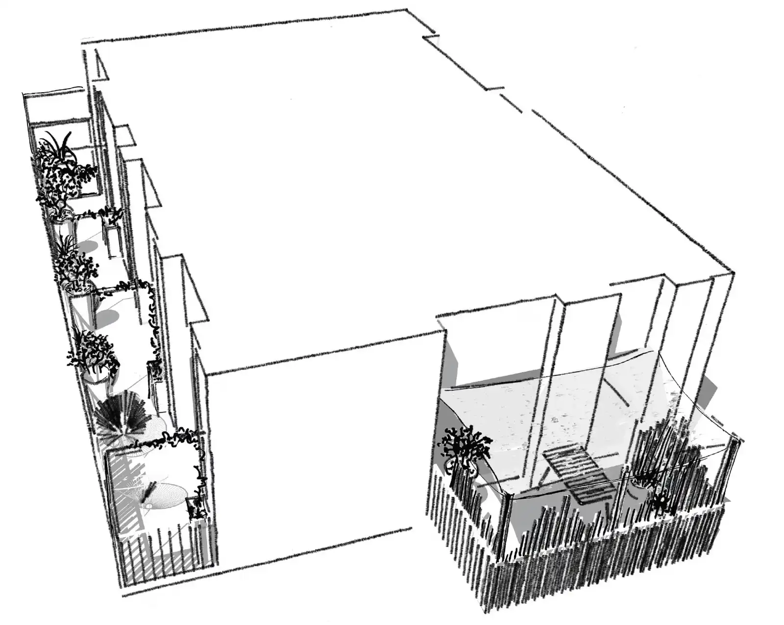 Perspective sketch of the apartment’s balcony and terrace