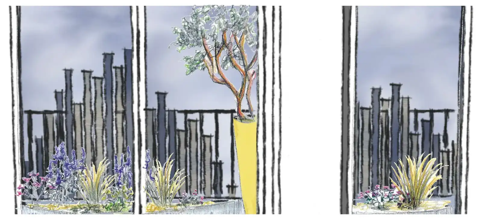 Drawn views of the terrace: wooden screens and an olive tree in a yellow pot