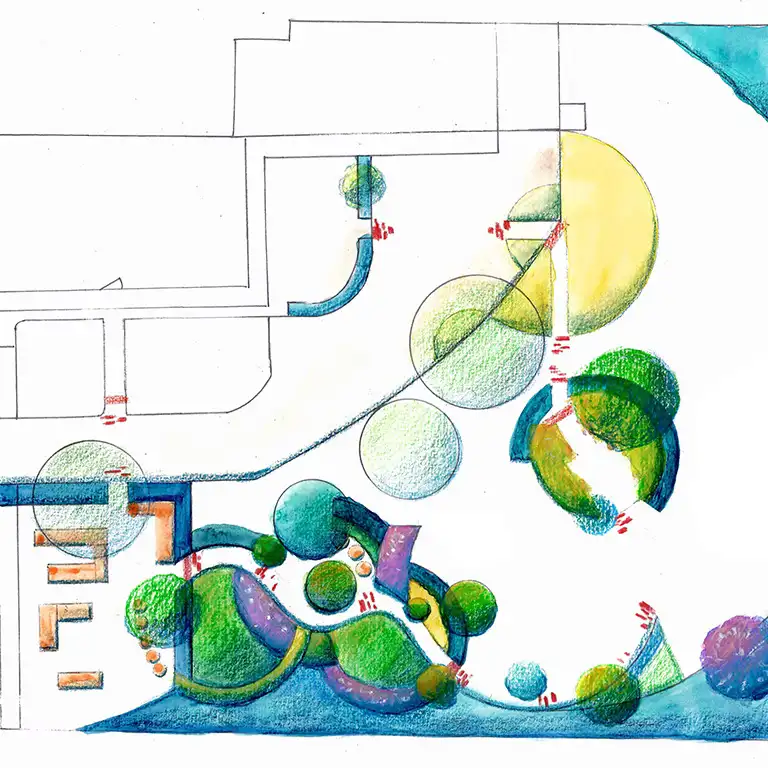 Watercolor plan of a garden with round shapes