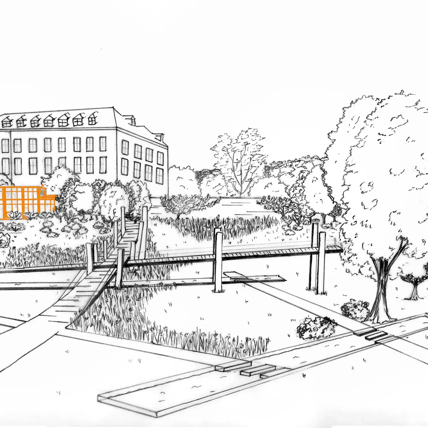 Sketch of the park: wooden walkways over the beds, with the King’s Kitchen Garden building behind