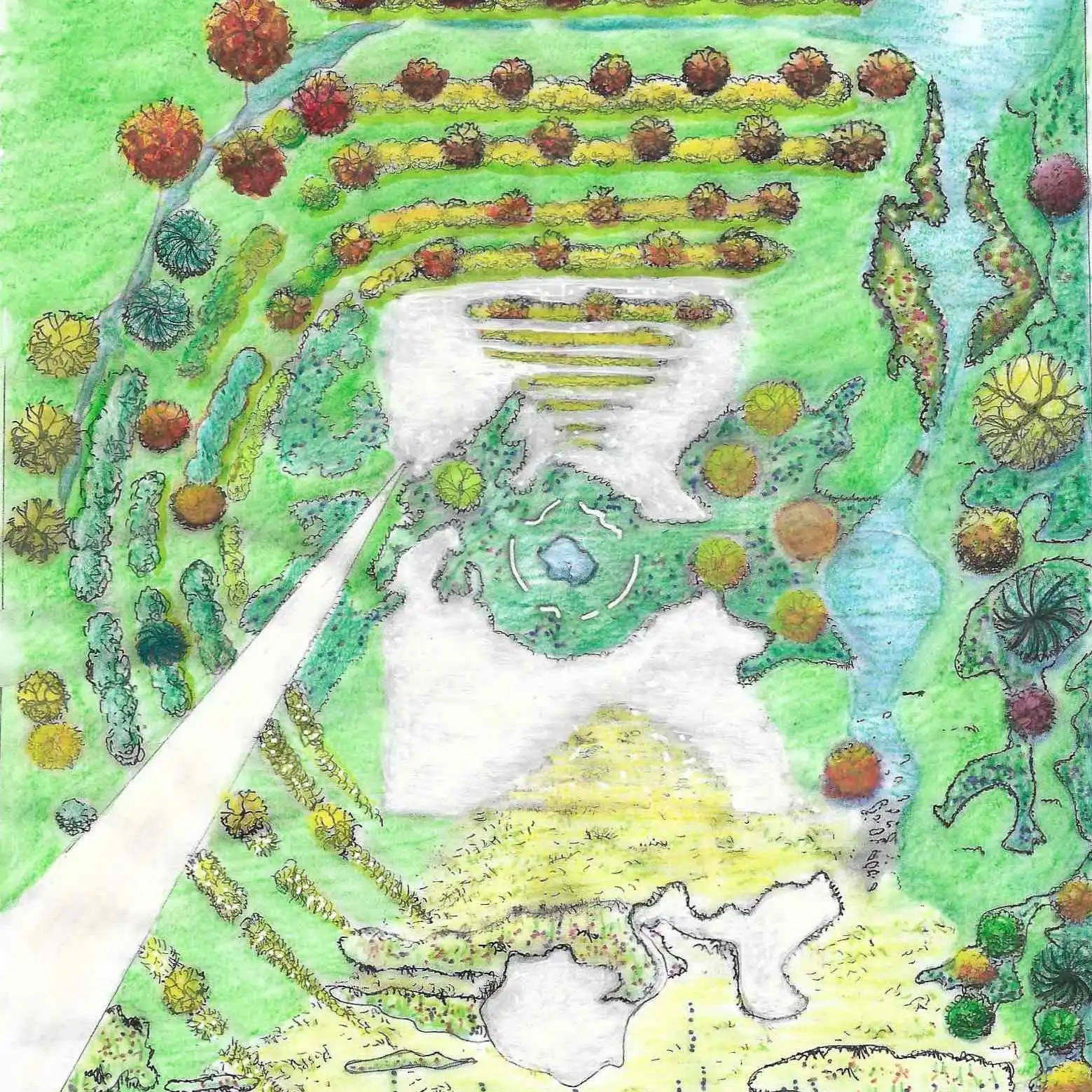 Watercolor plan of “The march of the worlds” garden