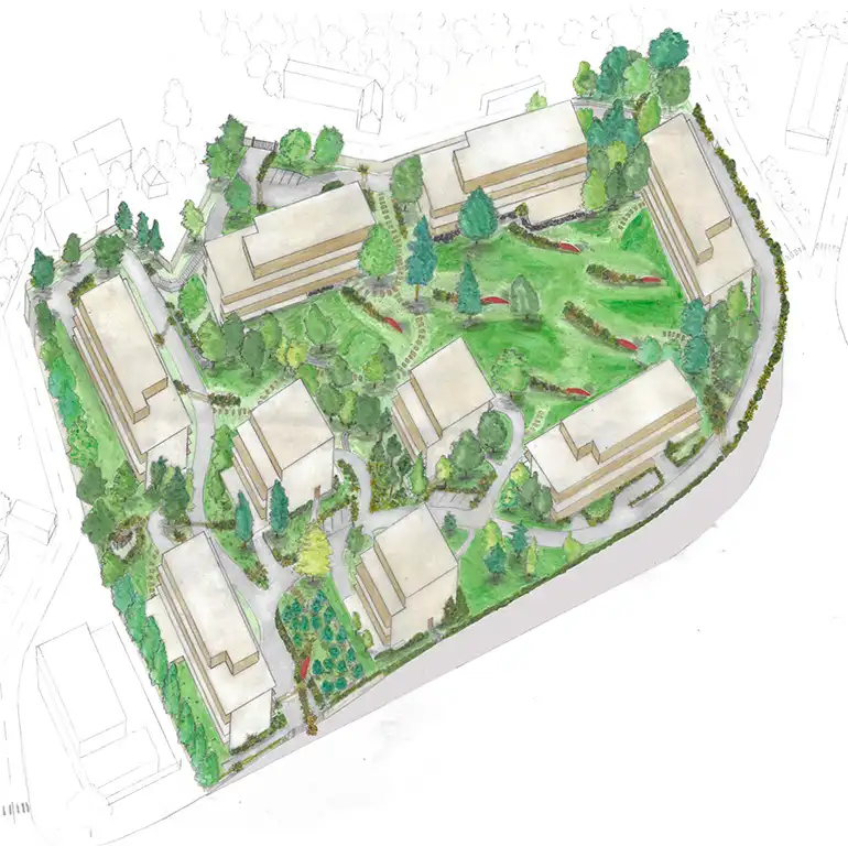 Watercolor view of the residence’s park and buildings