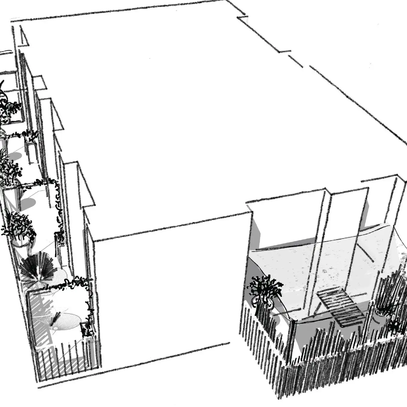 Perspective sketch of the apartment’s balcony and terrace