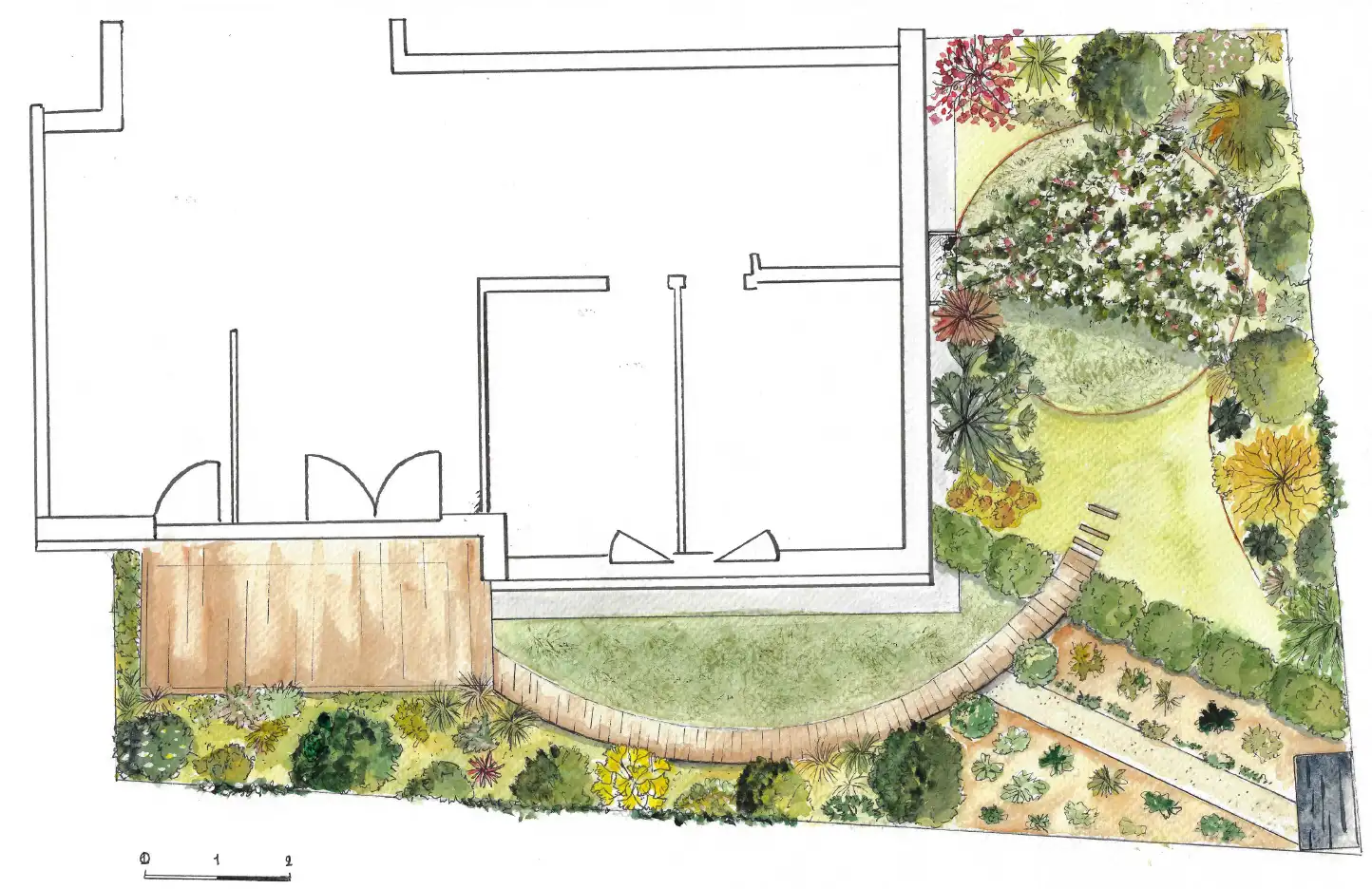 Watercolor plan of the garden, from the terrace to the dome
